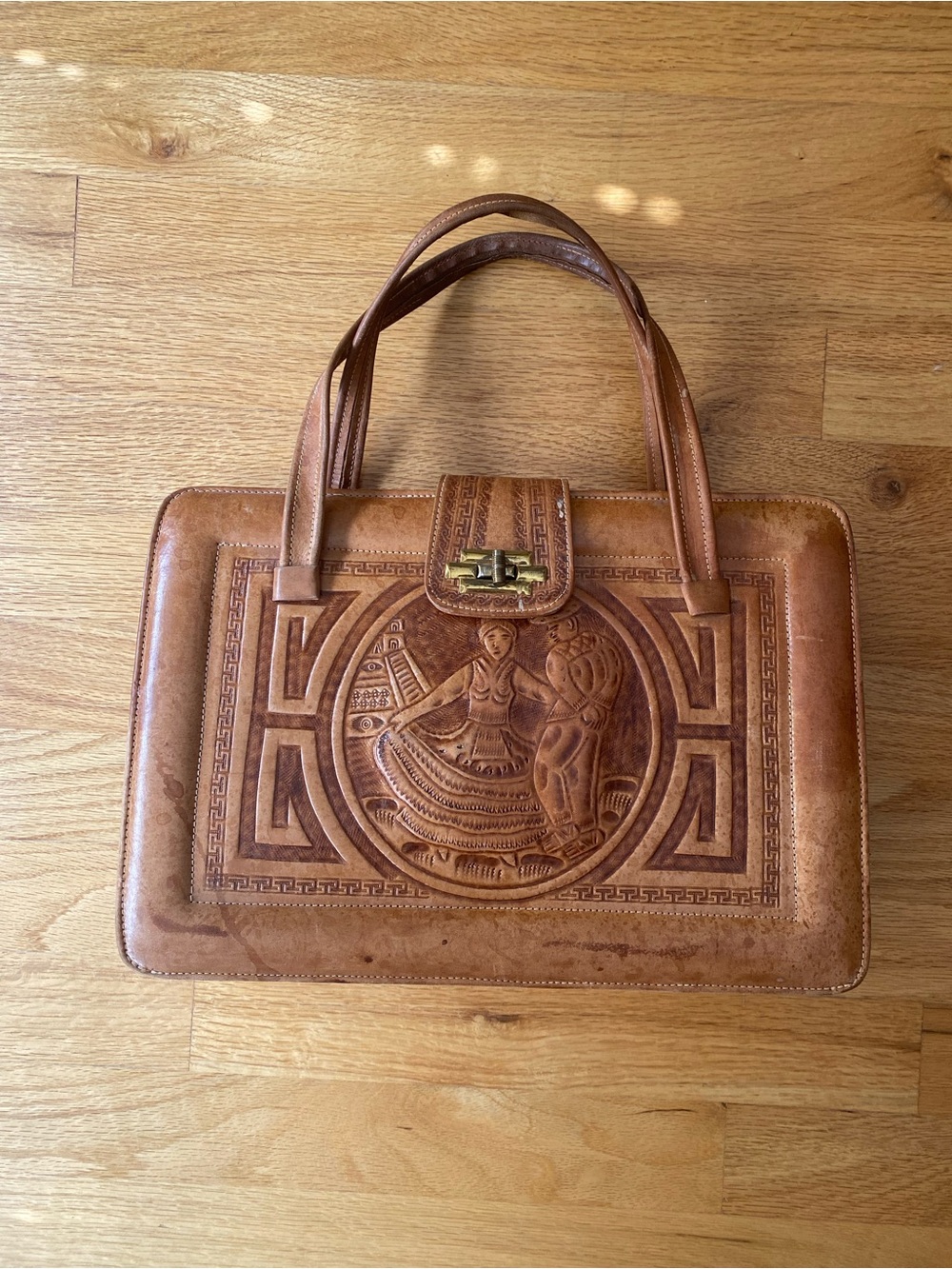 Vintage Tooled Leather Handbag in Warm Brown